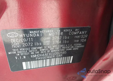 2012 Hyundai Elantra Gls (Ulsan Plant) z USA, uszkodzony, nr VIN KMHDH4AEXCU392585